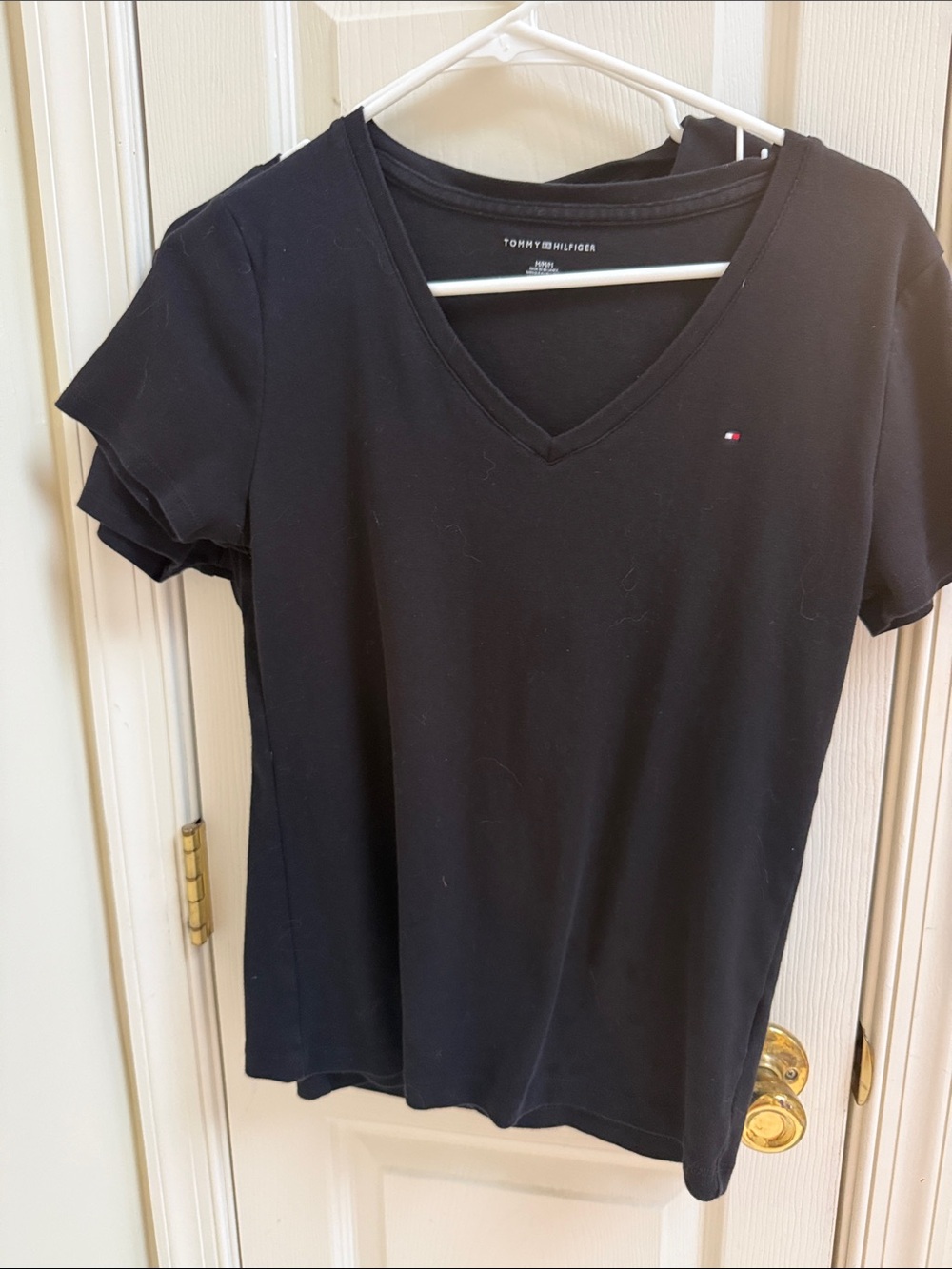 Tommy Hilfiger Black V-Neck Short Sleeve Tee with Flag Logo